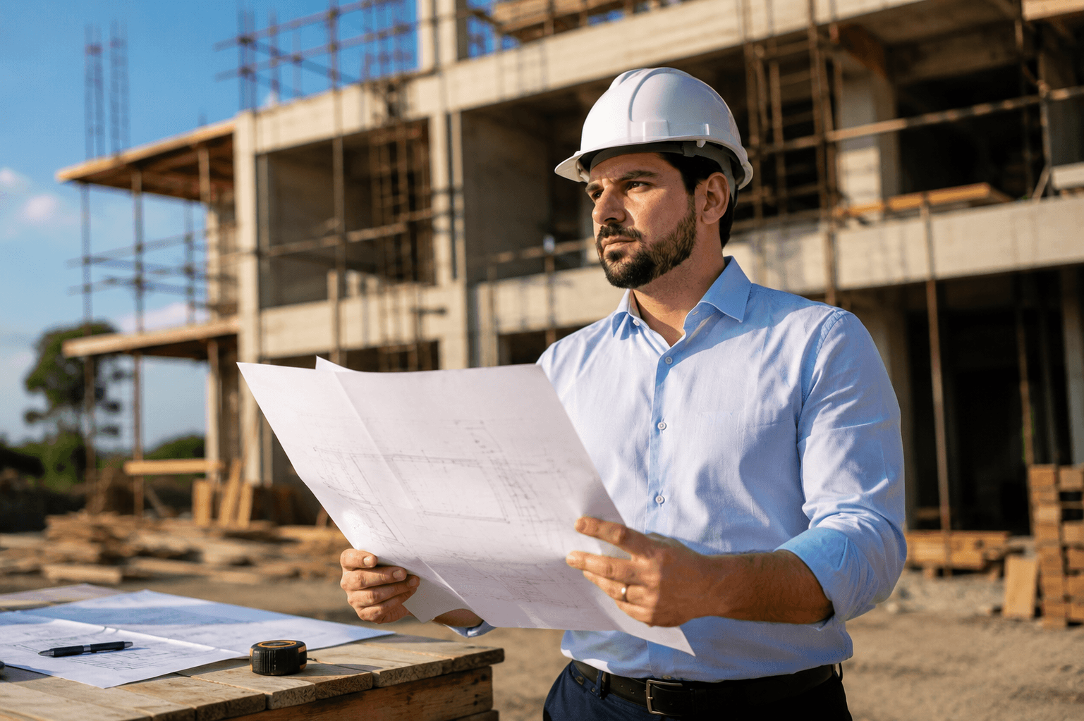 Engenheiro de capacete analisando a planta do projeto em frente à estrutura de um empreendimento em obras
